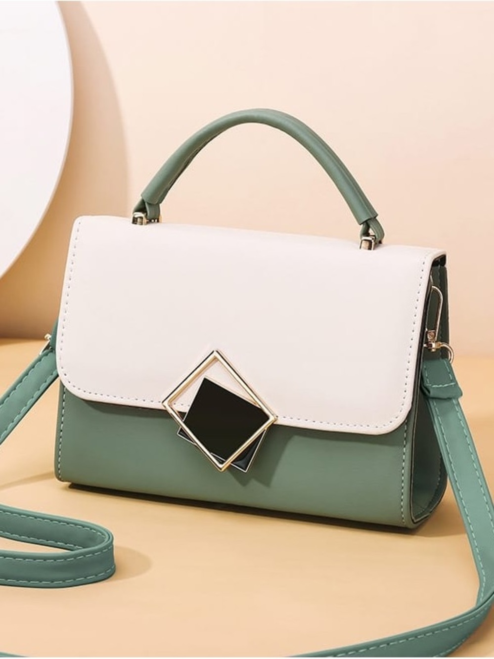 Two-Tone Top Handle Satchel in White and Sage Green